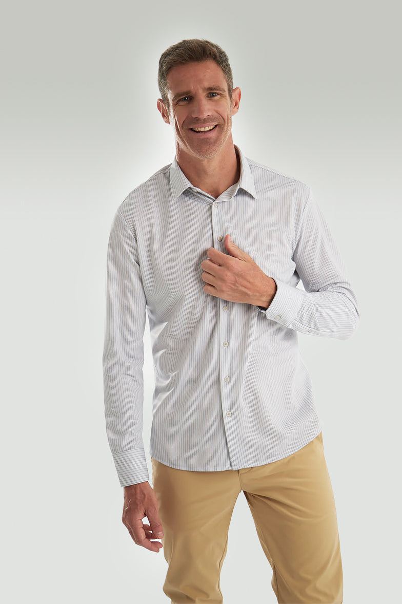 Men's dress shirt with navy and green stripes ∞