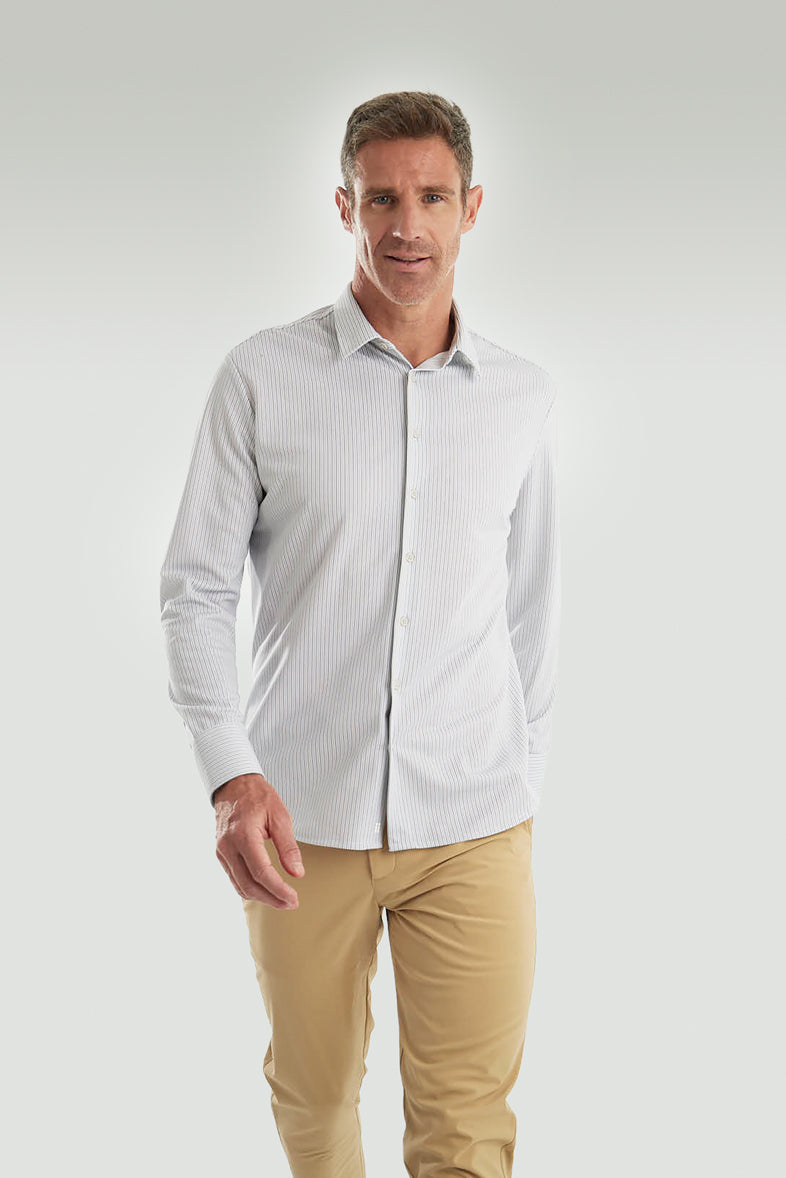 Men's dress shirt with navy and green stripes ∞